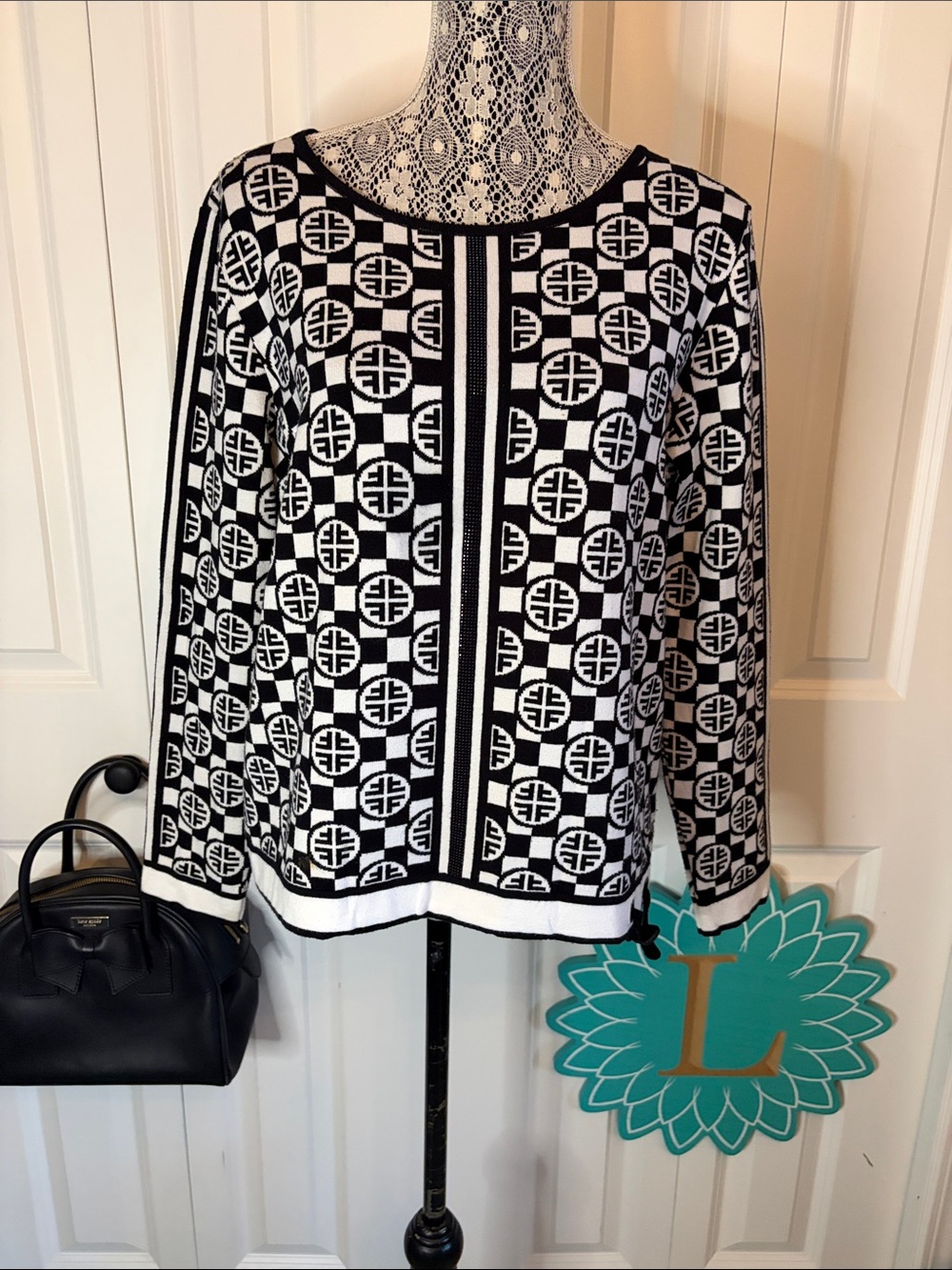 💥 Faber Germany Black & White Geometric Jacquard Knit Luxury Sweater Size 10